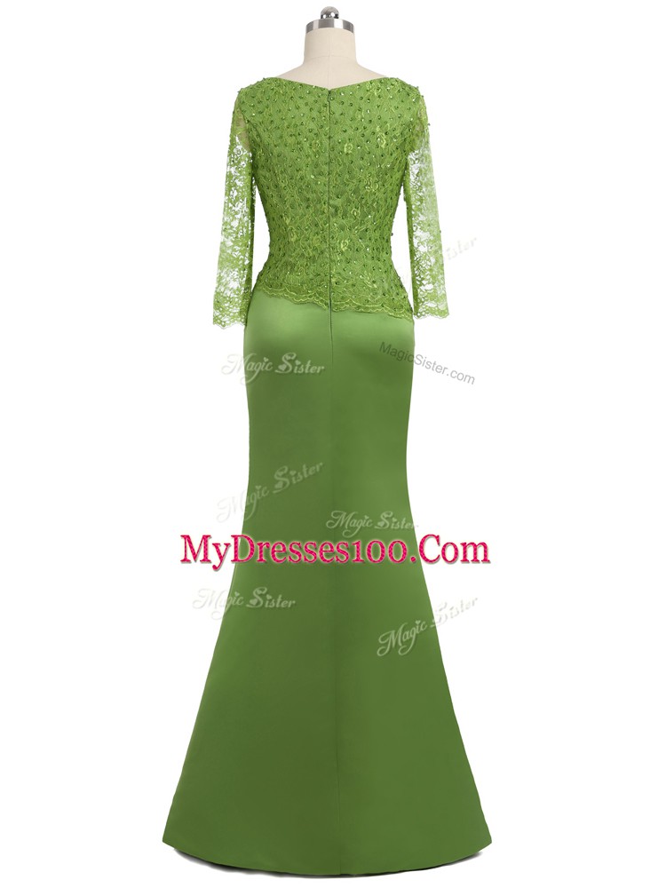 Long Sleeves Floor Length Lace and Appliques and Hand Made Flower Zipper Mother Of The Bride Dress with Olive Green