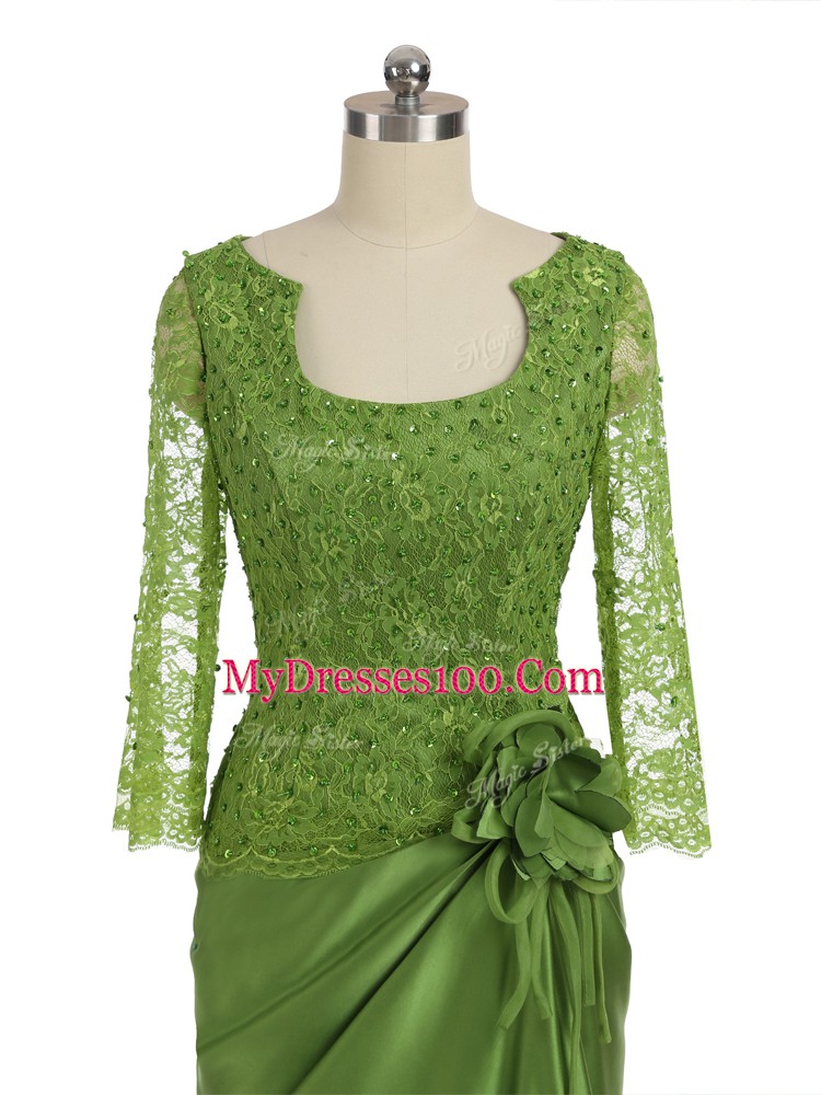 Long Sleeves Floor Length Lace and Appliques and Hand Made Flower Zipper Mother Of The Bride Dress with Olive Green