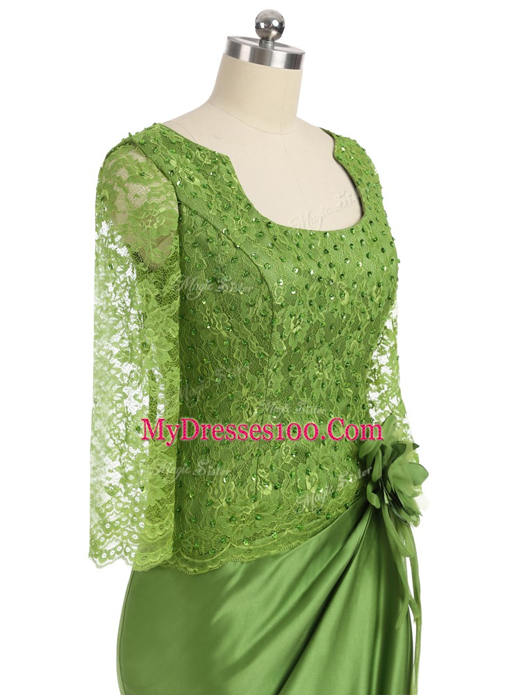 Long Sleeves Floor Length Lace and Appliques and Hand Made Flower Zipper Mother Of The Bride Dress with Olive Green