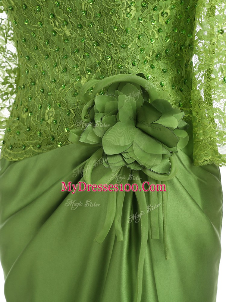 Long Sleeves Floor Length Lace and Appliques and Hand Made Flower Zipper Mother Of The Bride Dress with Olive Green