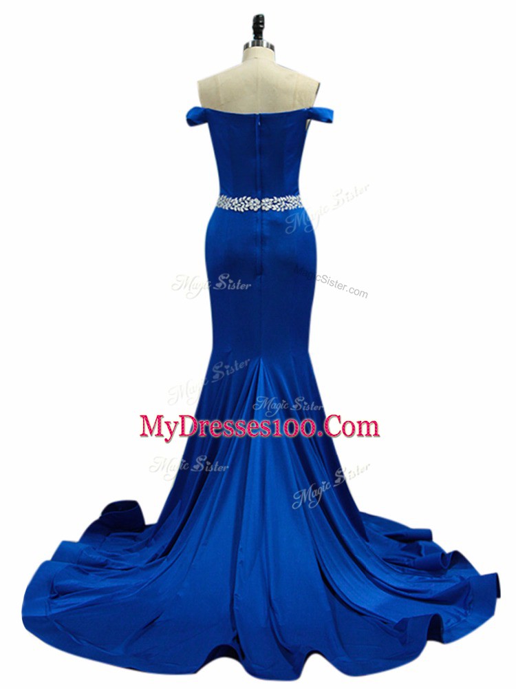 Royal Blue Off The Shoulder Zipper Beading Prom Dress Brush Train Sleeveless