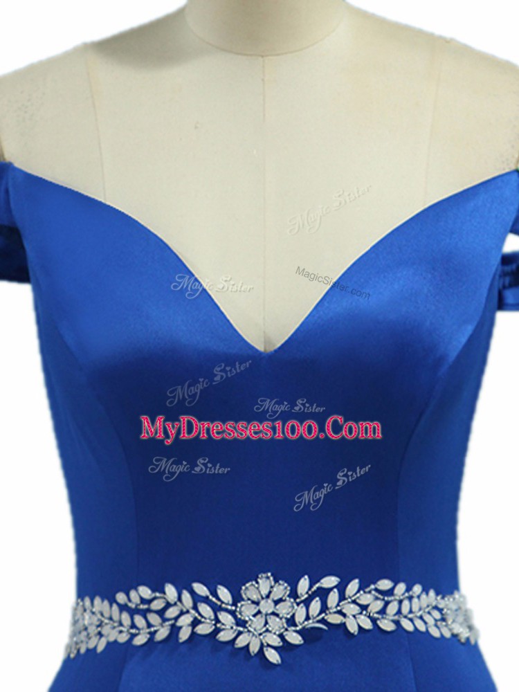 Royal Blue Off The Shoulder Zipper Beading Prom Dress Brush Train Sleeveless