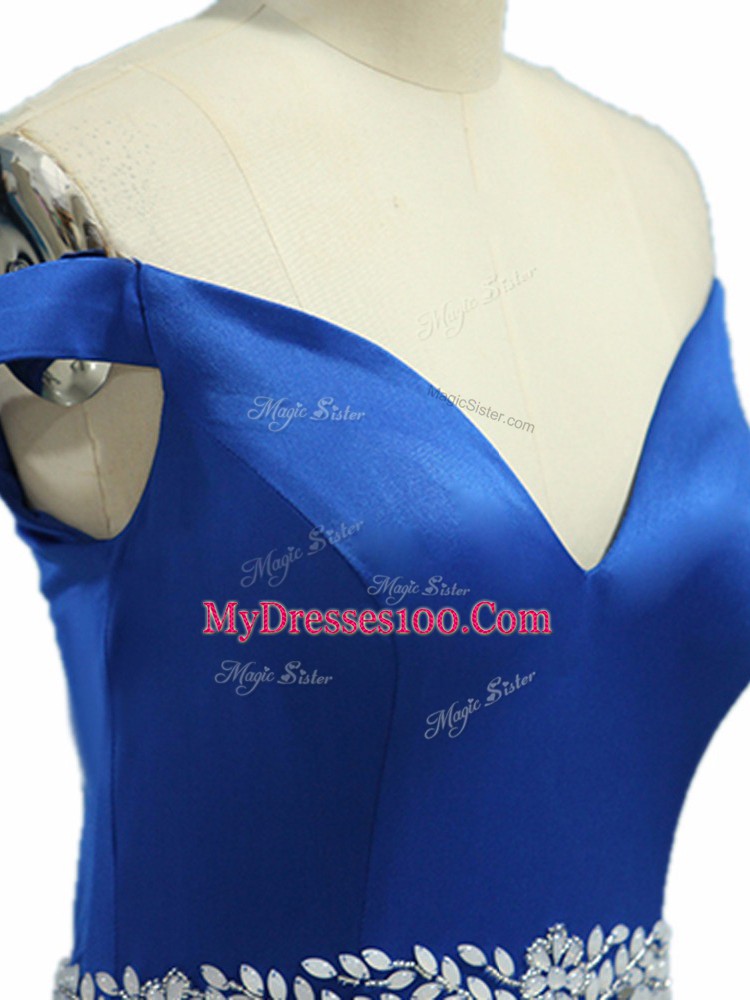 Royal Blue Off The Shoulder Zipper Beading Prom Dress Brush Train Sleeveless