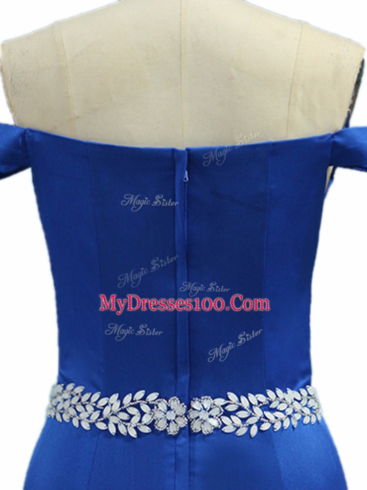 Royal Blue Off The Shoulder Zipper Beading Prom Dress Brush Train Sleeveless