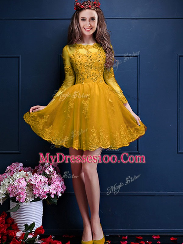Pretty Gold A-line Beading and Lace and Appliques Quinceanera Court Dresses Lace Up Chiffon 3 4 Length Sleeve Mini Length