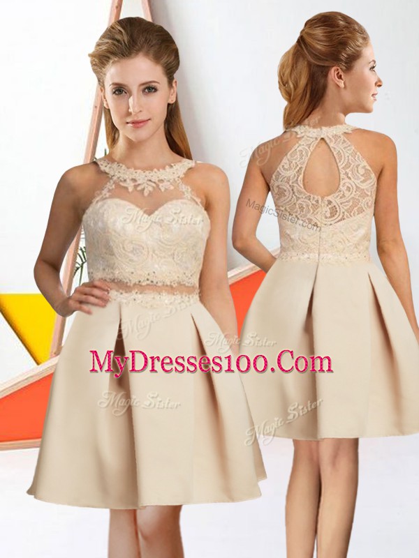 Latest Chiffon Halter Top Sleeveless Zipper Lace Quinceanera Court Dresses in Champagne