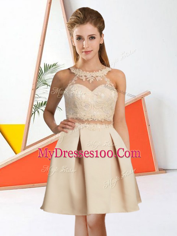Latest Chiffon Halter Top Sleeveless Zipper Lace Quinceanera Court Dresses in Champagne