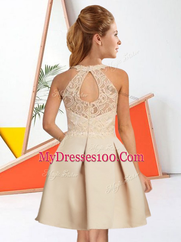 Latest Chiffon Halter Top Sleeveless Zipper Lace Quinceanera Court Dresses in Champagne