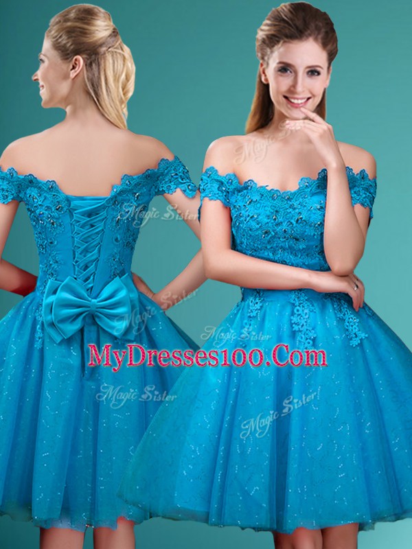 Customized Aqua Blue Cap Sleeves Knee Length Lace and Belt Lace Up Dama Dress for Quinceanera