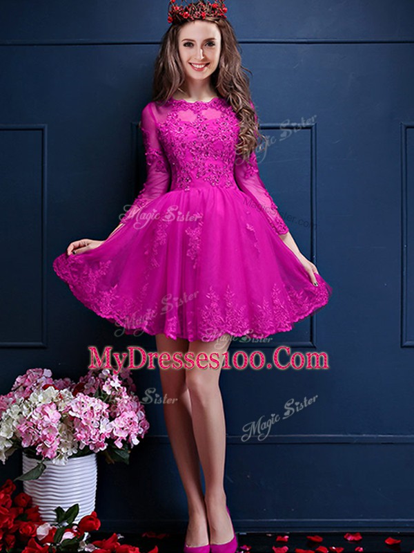 Fuchsia Chiffon Lace Up Scalloped 3 4 Length Sleeve Mini Length Bridesmaids Dress Beading and Lace and Appliques