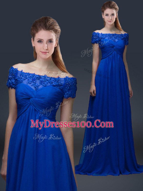 Delicate Short Sleeves Chiffon Floor Length Lace Up Mother of Bride Dresses in Blue with Appliques