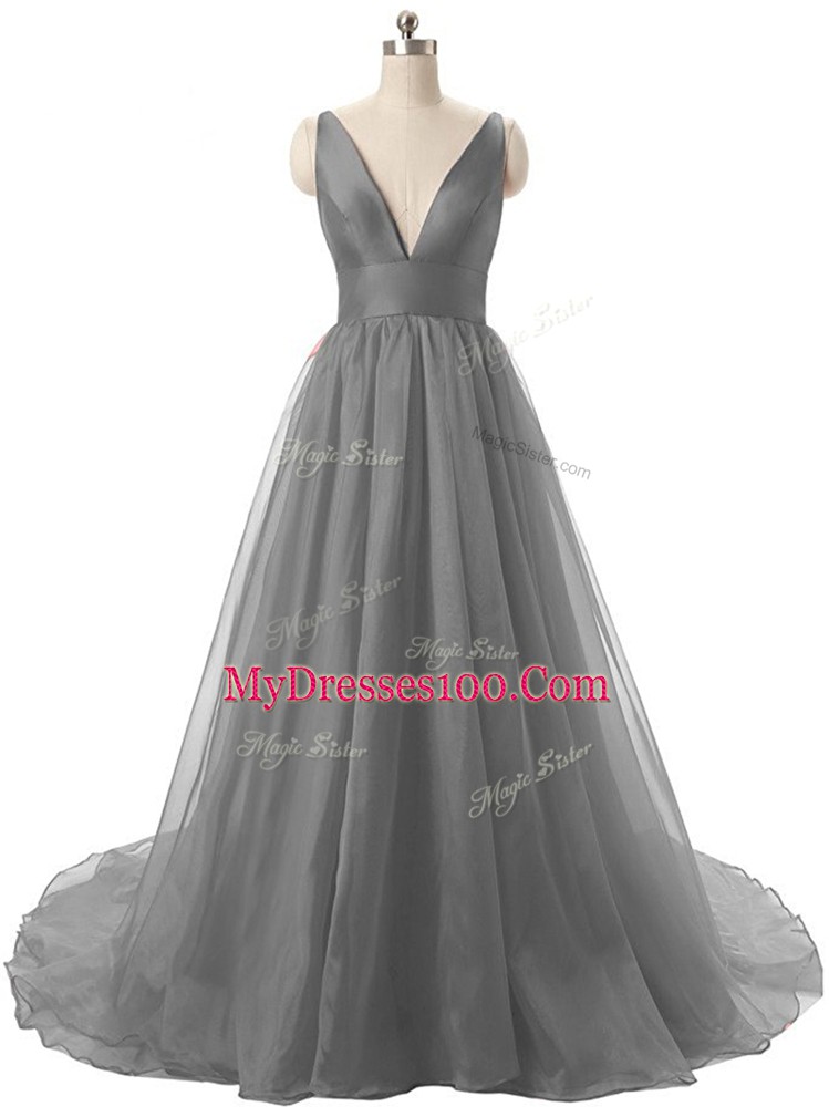 Grey Backless Prom Dresses Ruching Sleeveless Brush Train