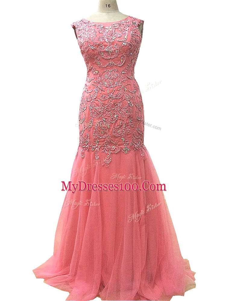 Fabulous Tulle Scoop Sleeveless Zipper Beading and Lace and Appliques Dress for Prom in Watermelon Red