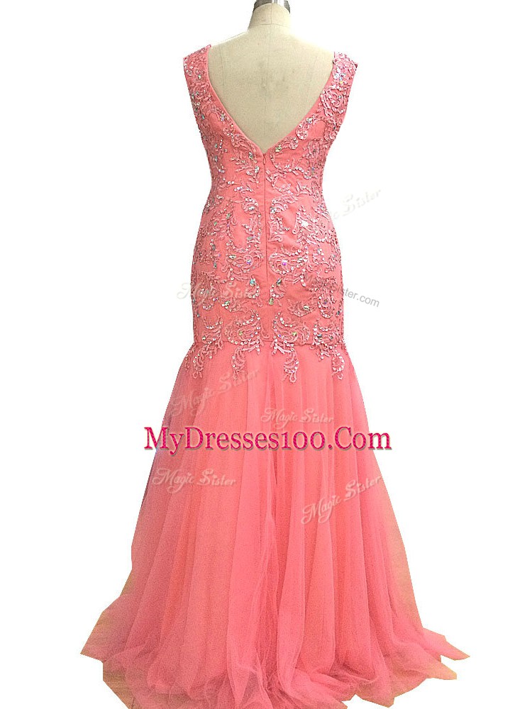 Fabulous Tulle Scoop Sleeveless Zipper Beading and Lace and Appliques Dress for Prom in Watermelon Red