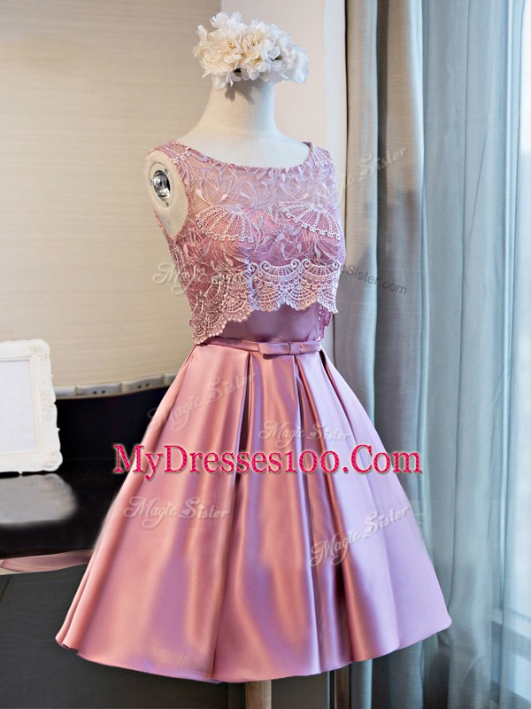 Graceful Mini Length Lilac Homecoming Dress Satin Sleeveless Lace and Appliques and Belt