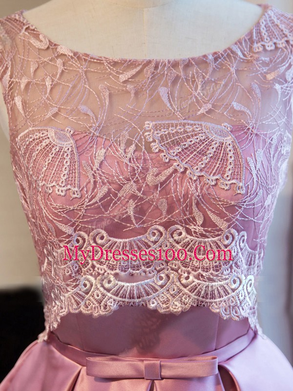 Graceful Mini Length Lilac Homecoming Dress Satin Sleeveless Lace and Appliques and Belt