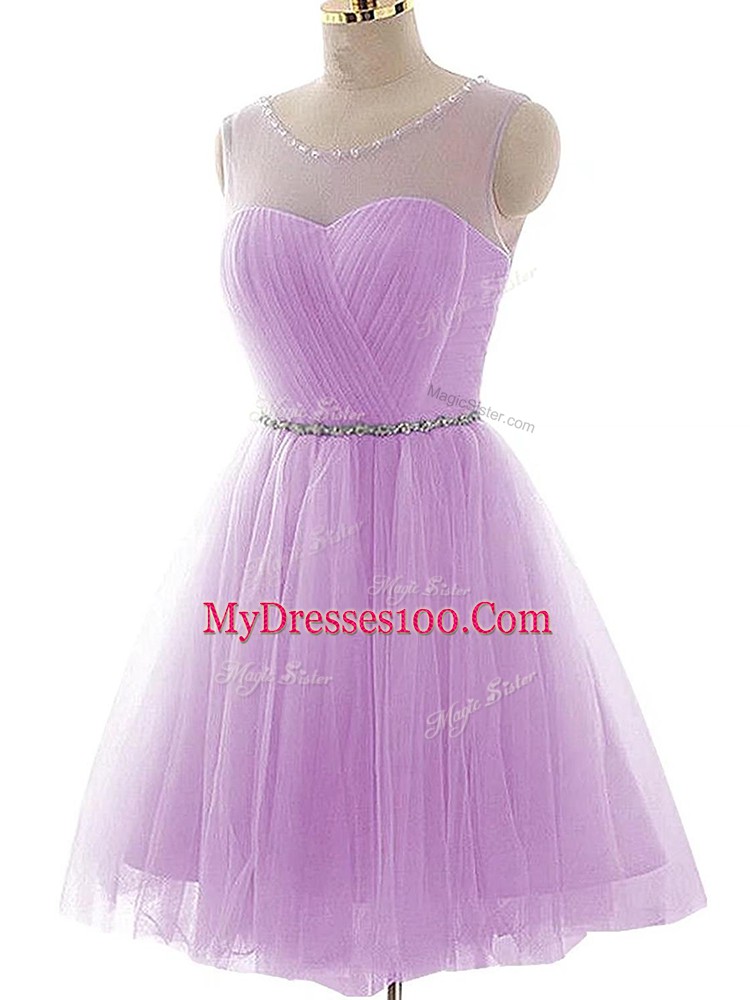 A-line Evening Gowns Lavender Scoop Tulle Sleeveless Mini Length Lace Up
