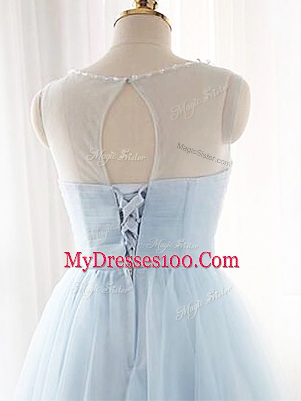 A-line Evening Gowns Lavender Scoop Tulle Sleeveless Mini Length Lace Up