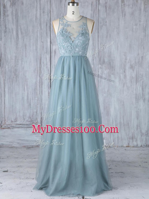Comfortable Floor Length Zipper Wedding Party Dress Grey for Prom and Party and Wedding Party with Appliques