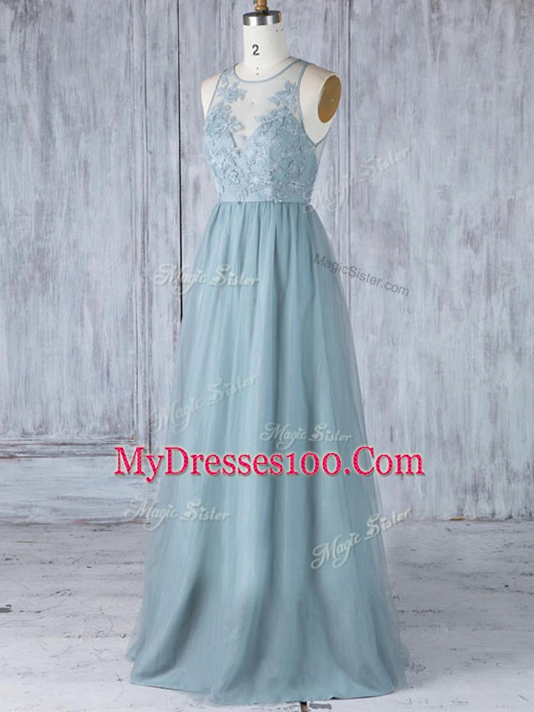 Comfortable Floor Length Zipper Wedding Party Dress Grey for Prom and Party and Wedding Party with Appliques