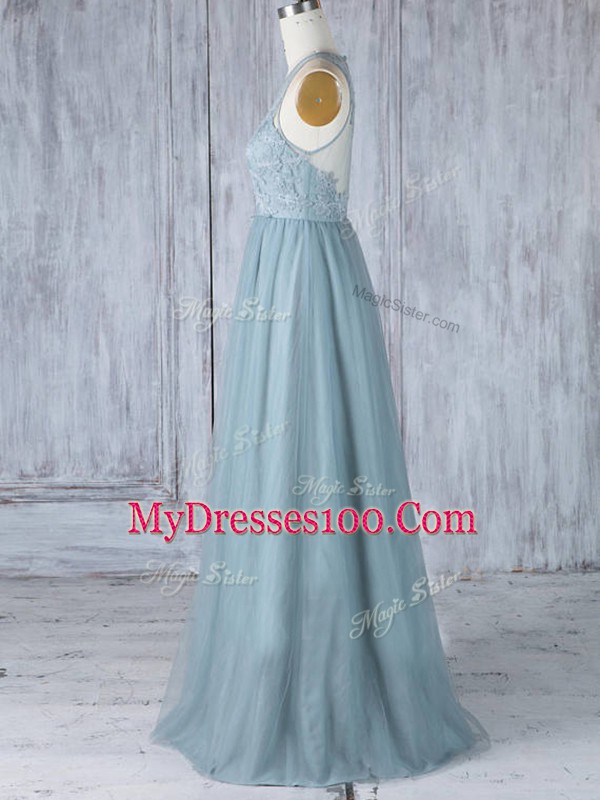 Comfortable Floor Length Zipper Wedding Party Dress Grey for Prom and Party and Wedding Party with Appliques