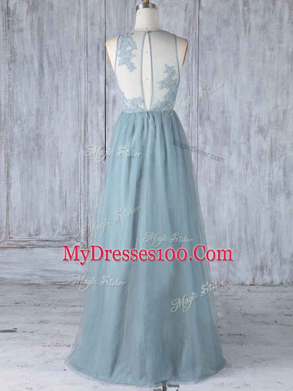 Comfortable Floor Length Zipper Wedding Party Dress Grey for Prom and Party and Wedding Party with Appliques