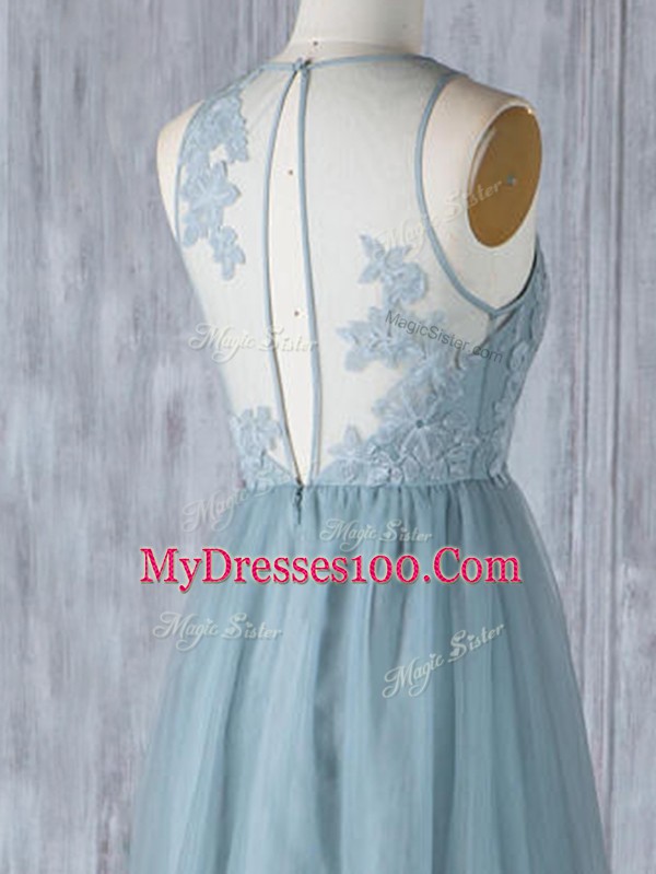 Comfortable Floor Length Zipper Wedding Party Dress Grey for Prom and Party and Wedding Party with Appliques