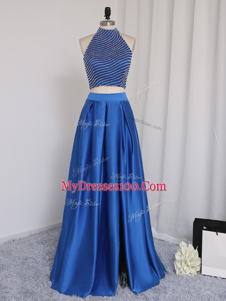 Royal Blue Two Pieces Halter Top Sleeveless Elastic Woven Satin Floor Length Zipper Beading Homecoming Dress
