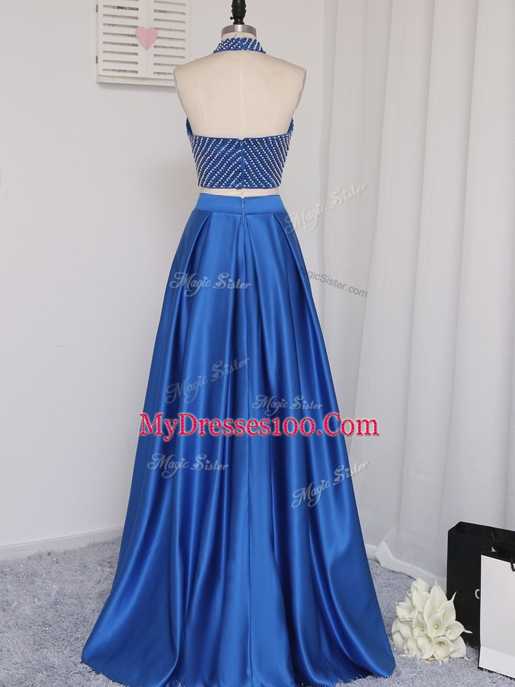 Royal Blue Two Pieces Halter Top Sleeveless Elastic Woven Satin Floor Length Zipper Beading Homecoming Dress