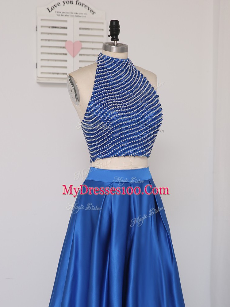 Royal Blue Two Pieces Halter Top Sleeveless Elastic Woven Satin Floor Length Zipper Beading Homecoming Dress