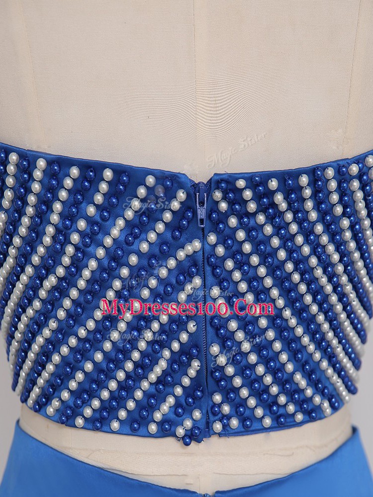 Royal Blue Two Pieces Halter Top Sleeveless Elastic Woven Satin Floor Length Zipper Beading Homecoming Dress