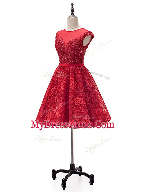 Red Lace Up Prom Gown Beading and Appliques Sleeveless Mini Length