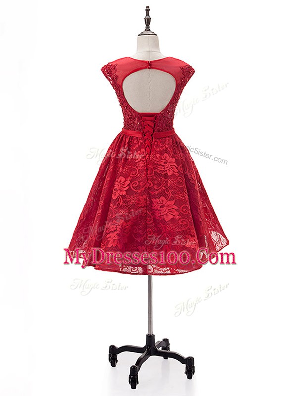 Red Lace Up Prom Gown Beading and Appliques Sleeveless Mini Length