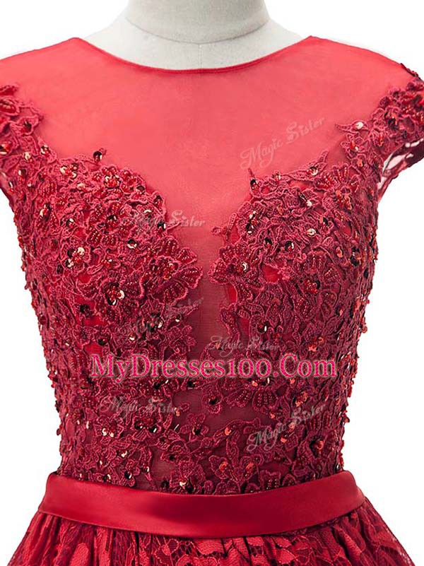 Red Lace Up Prom Gown Beading and Appliques Sleeveless Mini Length