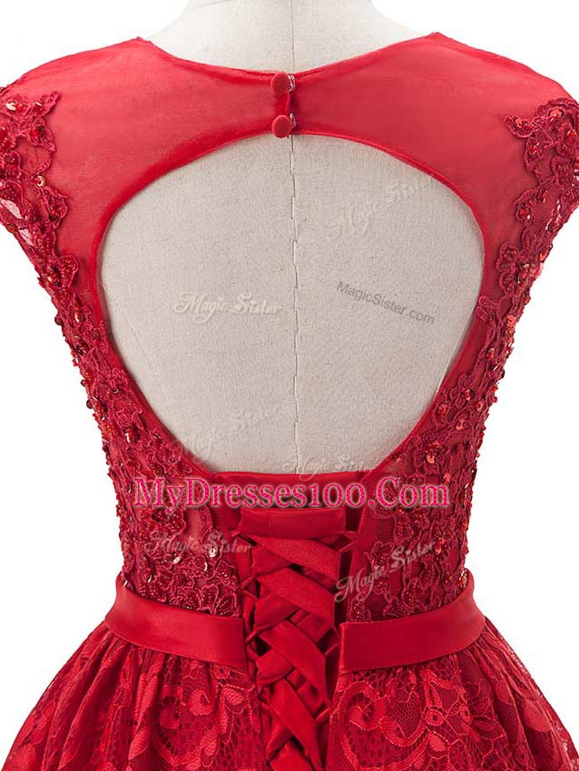 Red Lace Up Prom Gown Beading and Appliques Sleeveless Mini Length