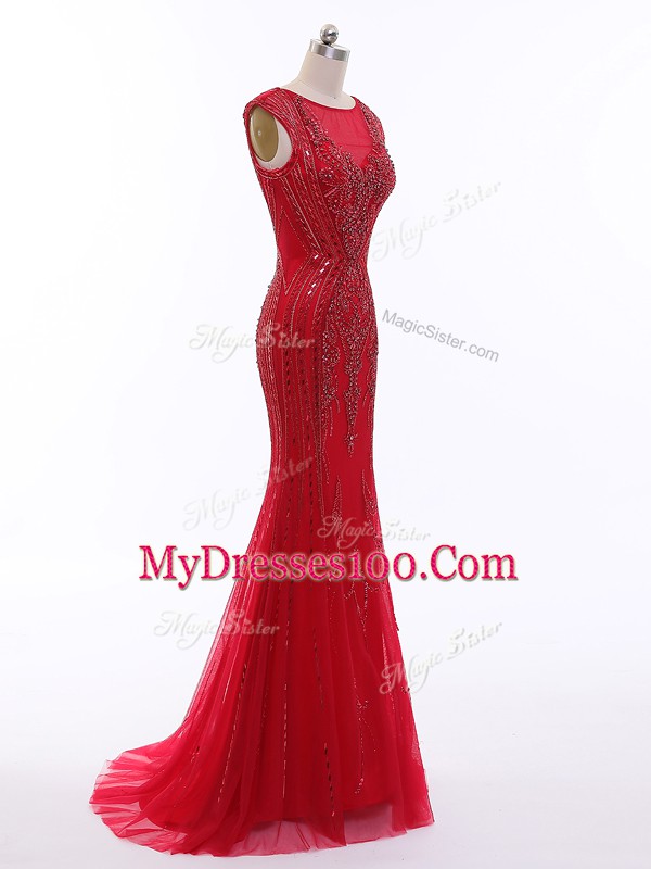 Scoop Sleeveless Prom Evening Gown Brush Train Beading Red Tulle