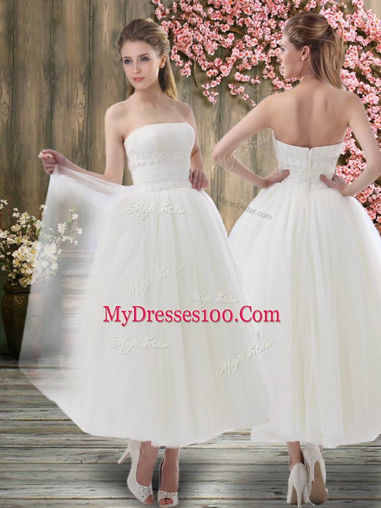 Sleeveless Zipper Ankle Length Ruching Wedding Gown