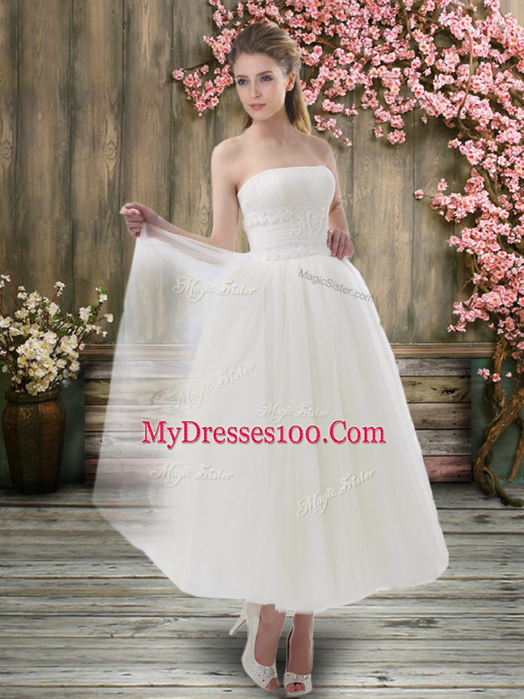 Sleeveless Zipper Ankle Length Ruching Wedding Gown