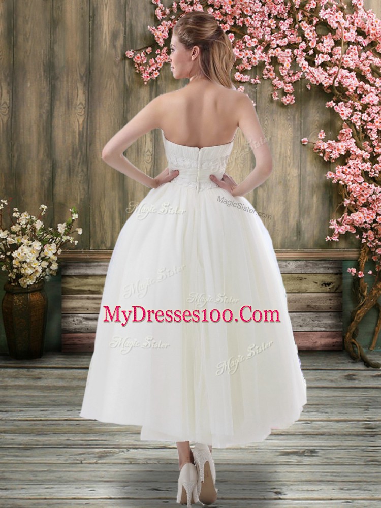 Sleeveless Zipper Ankle Length Ruching Wedding Gown