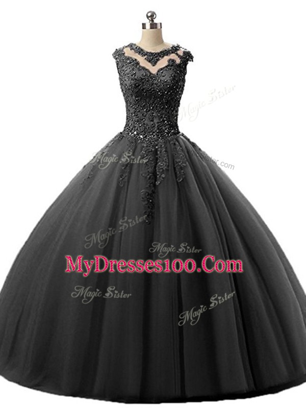 Black Ball Gowns Scoop Sleeveless Tulle Floor Length Lace Up Beading and Lace Quinceanera Dress
