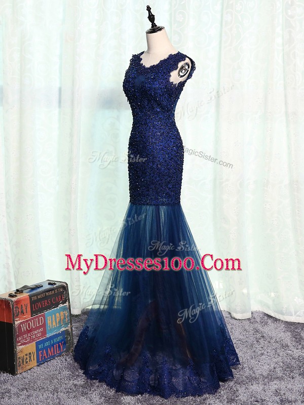 Top Selling Tulle Scoop Sleeveless Zipper Beading and Lace and Appliques Mother Of The Bride Dress in Navy Blue