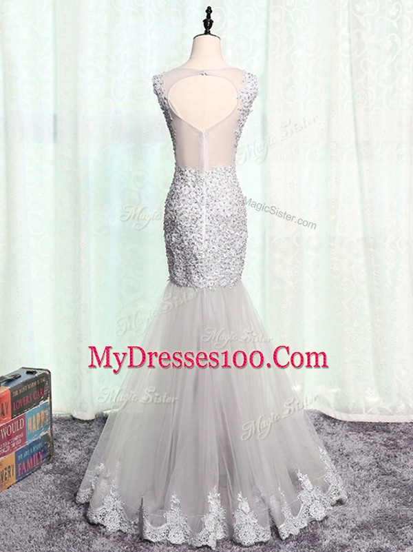 Top Selling Tulle Scoop Sleeveless Zipper Beading and Lace and Appliques Mother Of The Bride Dress in Navy Blue