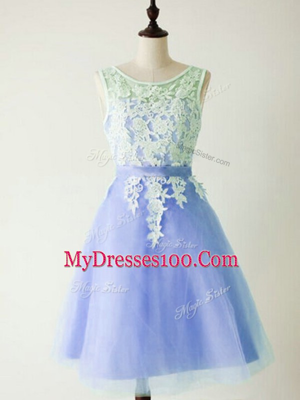 Knee Length A-line Sleeveless Light Blue Bridesmaid Gown Lace Up