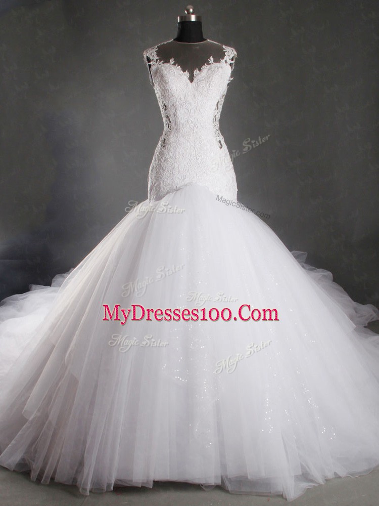 Scoop Sleeveless Chapel Train Zipper Wedding Dresses White Tulle