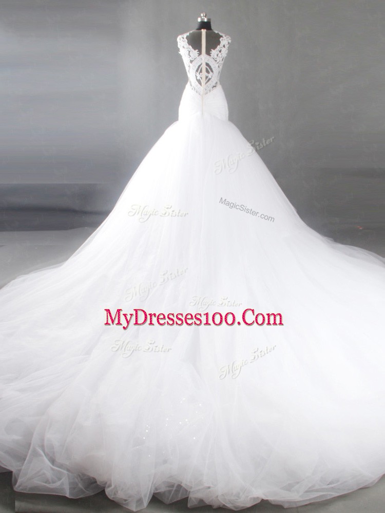 Scoop Sleeveless Chapel Train Zipper Wedding Dresses White Tulle