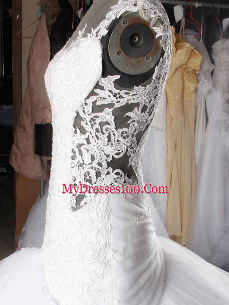 Scoop Sleeveless Chapel Train Zipper Wedding Dresses White Tulle