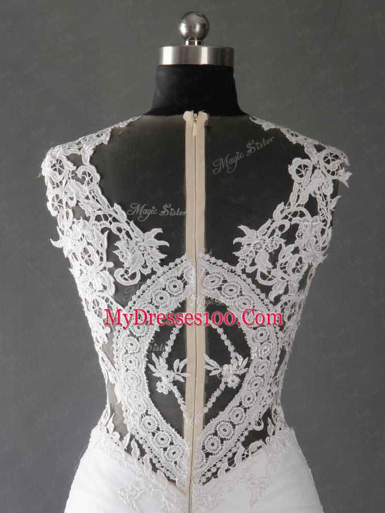 Scoop Sleeveless Chapel Train Zipper Wedding Dresses White Tulle