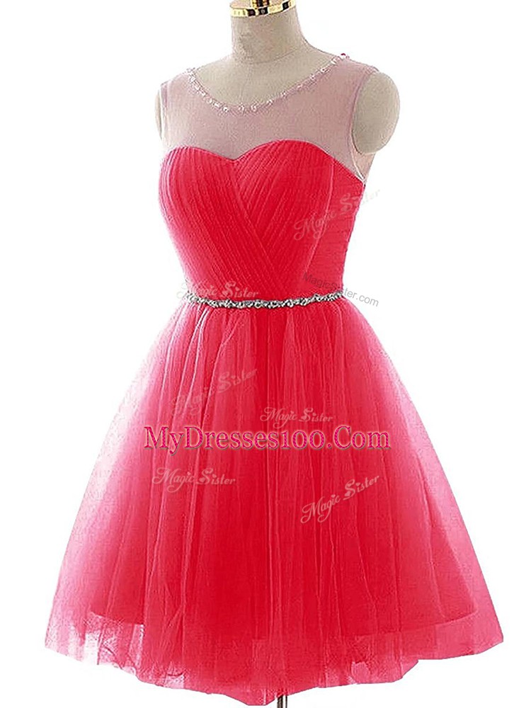 Mini Length A-line Sleeveless Coral Red Prom Gown Lace Up
