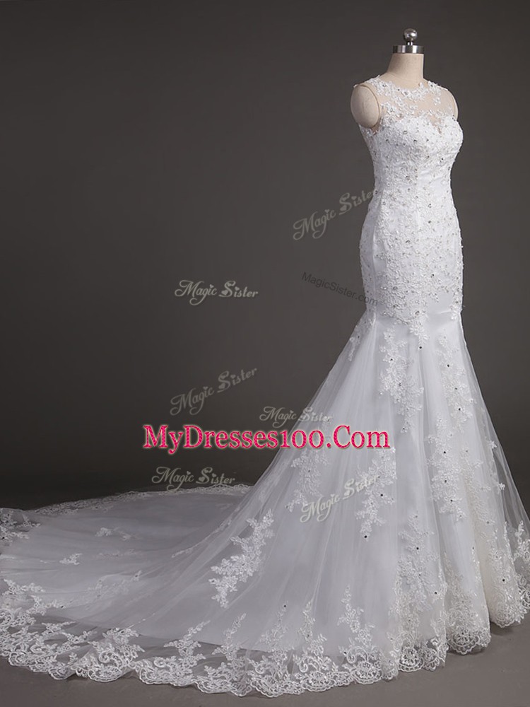Captivating Sleeveless Brush Train Backless Lace Wedding Gown