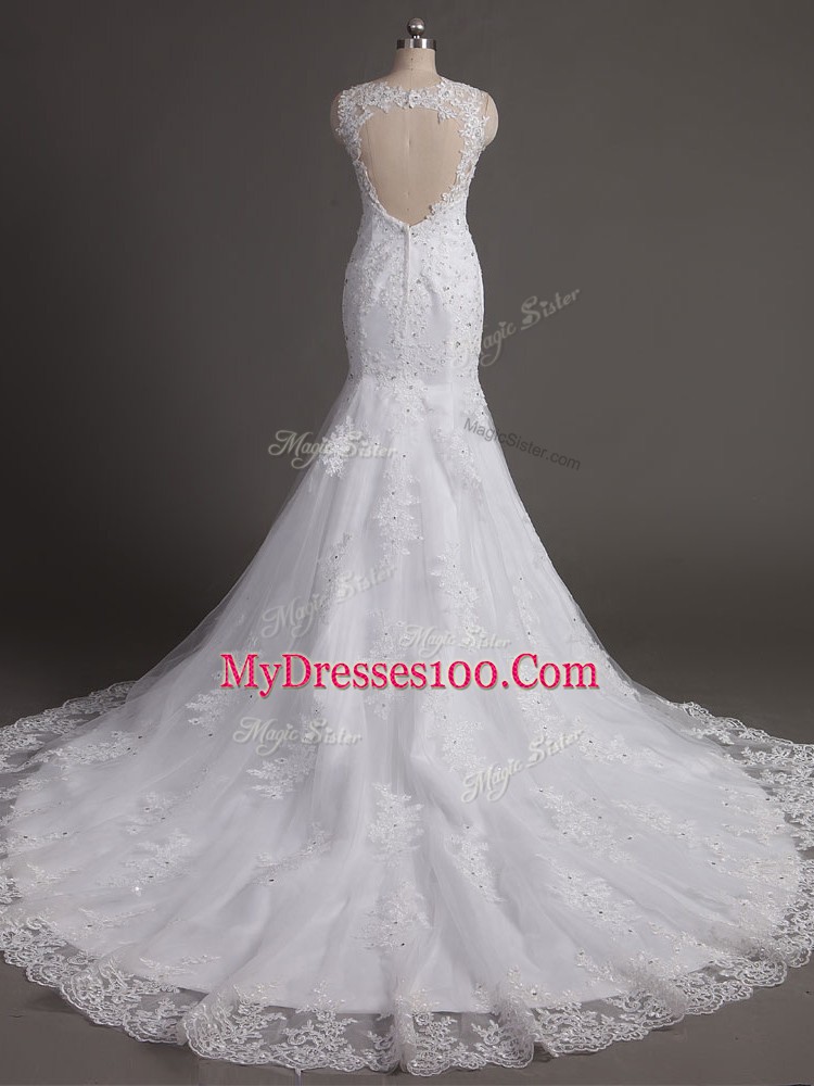 Captivating Sleeveless Brush Train Backless Lace Wedding Gown